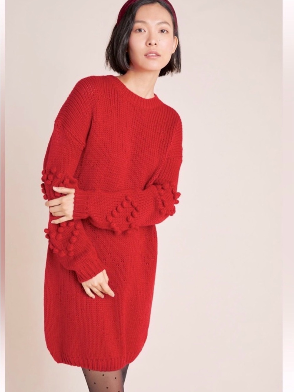 Anthropologie Red Pom-Pom Knit Heart Sweater Top Dress Sz Small NWT Holidays